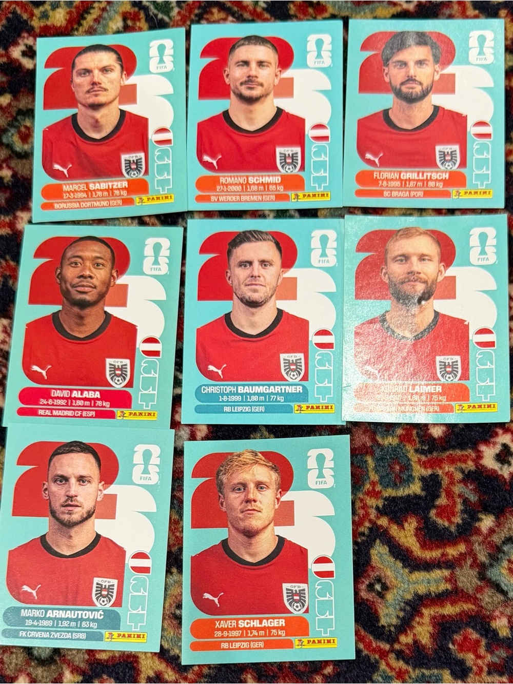 WORLD CUP 2026 PANINI STICKER. AUSTRIAN SOCCER TEAM. LOT OF 8 STICKERS. BRASIL